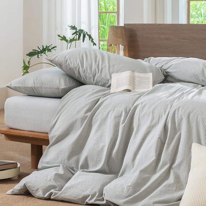 MooMee Striped Duvet Cover Set 100% Washed Cotton Linen Like Textured Breathable Durable Soft Comfy (Heathered Green Pinstripes, Cal King 104"x98")