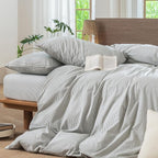 MooMee Striped Duvet Cover Set 100% Washed Cotton Linen Like Textured Breathable Durable Soft Comfy (Heathered Green Pinstripes, Full 80"x90")