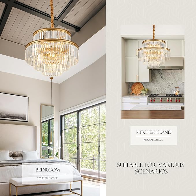 21.6" 14-Light Modern Crystal Chandelier Light Fixtures 4-Tier Gold Luxury Chandeliers for Dining Room Round Hanging Pendant Lighting for Living Room Kitchen Entryway Bedroom Foyer Hallway