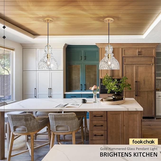 Hammered Glass Pendant Light, Pendant Lights Kitchen Island, Brushed Brass Kitchen Island Light Large 10 inch Gold Glass Ceiling Pendant Lights Over Sink for Hallway Entrance