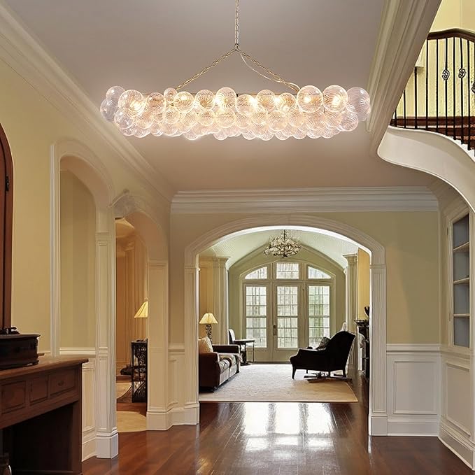 Nordic Bubble Ball Swirled Glass Chandelier, 62 inch Long Rectangular Chandeliers Island Light Fixture for Dining Table Living Room