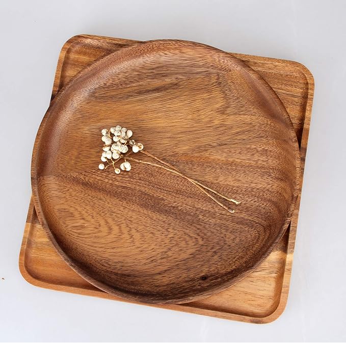 2 Pcs 10 Inch Acacia Wood Dinner Plates Set for Eating Wooden Round Charcuterie Boards Kitchen Serving Platters for Food Dishes Cheese Tray Dessert Salad Plate Wood Charger Plates Decorative Trays