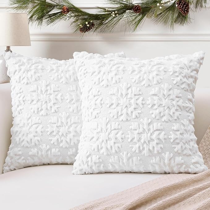 OTOSTAR Set of 2 Xmas Soft Plush Short Wool Velvet Decorative Throw Pillow Covers Square Luxury Style Cushion Case Pillow Shell for Sofa Bedroom Snowflake White, 24x24 Inch