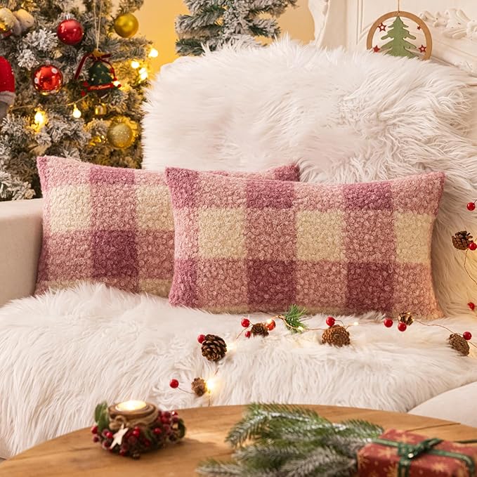 AQOTHES Purple White Plaid Winter Throw Pillow Covers 12x20 Inch Set of 2, Boucle Faux Fur Pillow Covers,Cozy Fluffy Home Living Room Farmhouse Decor for Sofa Couch Bed