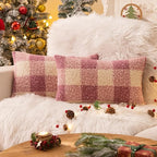 AQOTHES Purple White Plaid Winter Throw Pillow Covers 12x20 Inch Set of 2, Boucle Faux Fur Pillow Covers,Cozy Fluffy Home Living Room Farmhouse Decor for Sofa Couch Bed