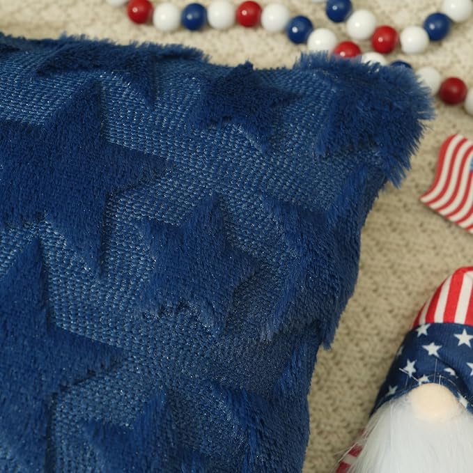 GEEORY 4TH of July Stars Soft Plush Pillow Covers, 16 x 16 Inch Set of 2, Fluffy Faux Fur Wool Decorative Farmhouse Cushion Case for Sofa Home Decoration Blue Little Star GC028-16