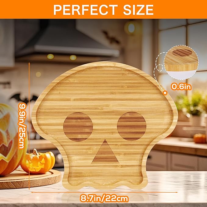 WILLKOMMEN Halloween Serving Tray, Skull Shaped Charcuterie Board, Bamboo Serving Platter 10" x 9" for Party Child Spooky Appetizer Board Serving Dish for Cheese,Snacks,Candy,Cookies