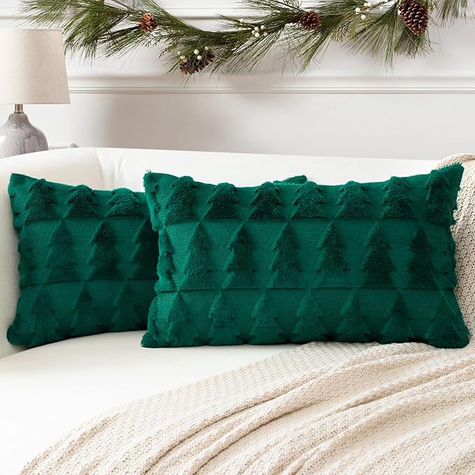 OTOSTAR Set of 2 Xmas Soft Plush Short Wool Velvet Decorative Throw Pillow Covers Rectangular Luxury Style Cushion Case Pillow Shell for Sofa Bedroom Christmas Tree Green, 16x24 Inch