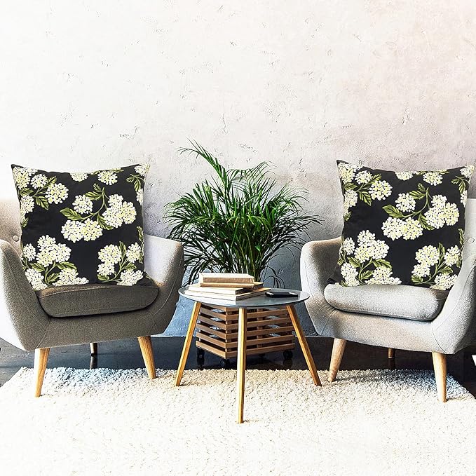 Decorative Throw Pillow Covers Set of 2 Black Hydrangea Pillow Covers 18x18 inch Super Soft Short Plush Square Floral Throw Pillows,Farmhouse Outdoor Pillow Covers for Couch Living Room