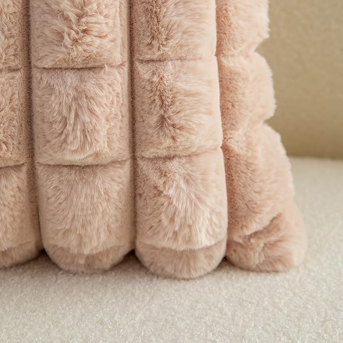 Neelvin Camel Faux Fur Cozy Soft Plaid Decorative Throw Pillow Covers 20x20 inch Set of 2,Velvet Pillowcase Cushion Case for Sofa Couch