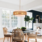 23.6" Rattan Chandelier with Linen Boho Farmhouse Hand Woven Bamboo Chandeliers Light Fixture Vintage Modern Drum Wicker Rattan Gold Chandelier for Dining Room, Kitchen, Living Room,Foyer