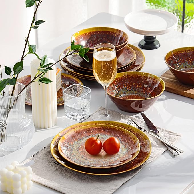 FINE&NICE Melamine Dinnerware Set of 12Pcs, Dish Set for 4, Lightweight Unbreakable Plate and Bowl Set for Patio, RV and Camping, Dishwasher Safe,Rusty Brown