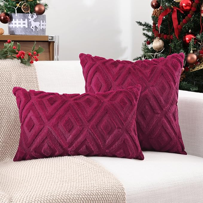 Pallene Christmas Burgundy Throw Pillow Covers 20x20 Set of 2, Soft Plush Faux Fur Decorative Couch Pillow Covers for Sofa Bed Living Room Pillow Cases with 3D Diamond Pattern