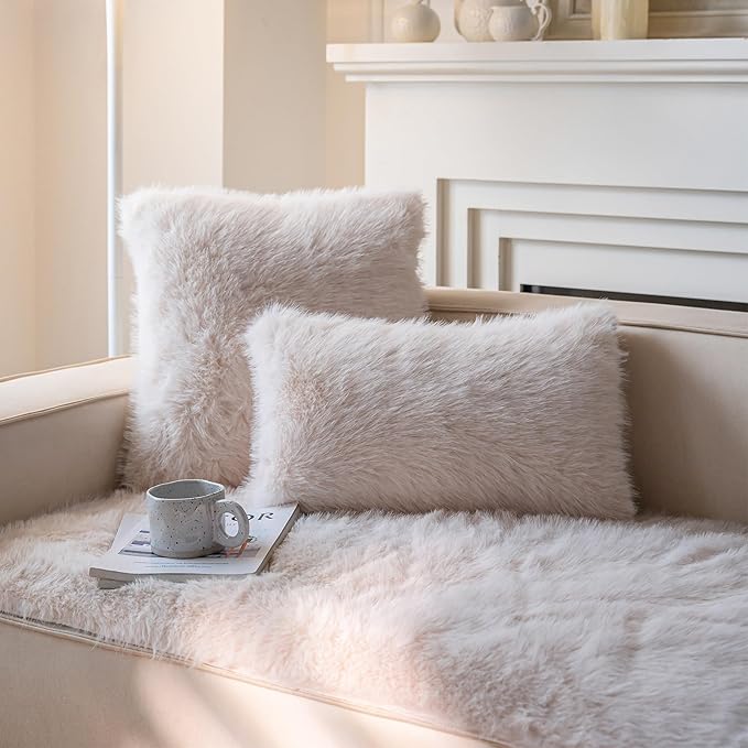 Neelvin Beige Faux Fur Cozy Fluffy Double-Sided Decorative Throw Pillow Covers 12x20 inch Set of 2,Velvet Pillowcase Cushion Case for Sofa Couch