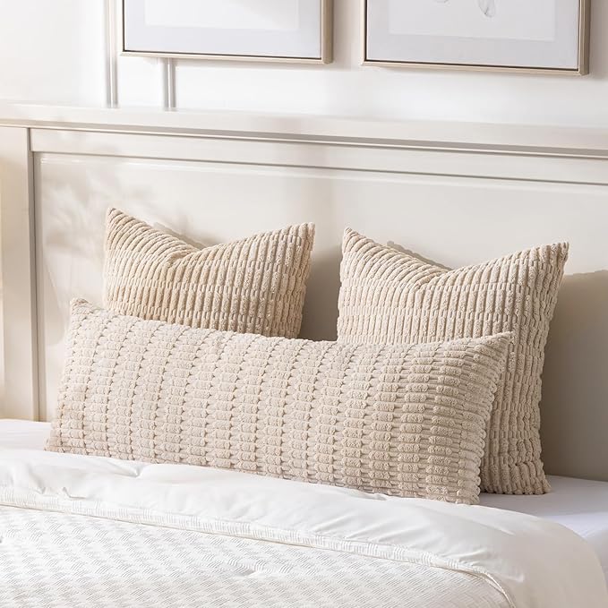 Fancy Homi Tan Long Body Lumbar Decorative Throw Pillow Cover 14x36 Inch for Bed Couch Bedroom Bench, Soft Corduroy Rectangle Solid Pillow Case 35x91 cm, Beige Rustic Farmhouse Boho Room Decor