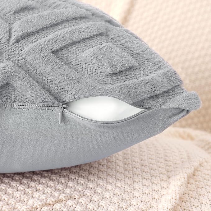 Pallene Grey Throw Pillow Covers 20x20 Set of 2, Soft Plush Faux Fur Decorative Couch Pillow Covers for Sofa Bed Living Room Pillow Cases with 3D Diamond Pattern
