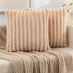 ZLINA Set of 2 Apricot Faux Fur Decorative Throw Pillow Covers Fluffy Striped Pillowcase Cushion Covers 22 x 22 Inch Decor Sofa Couch Bedroom