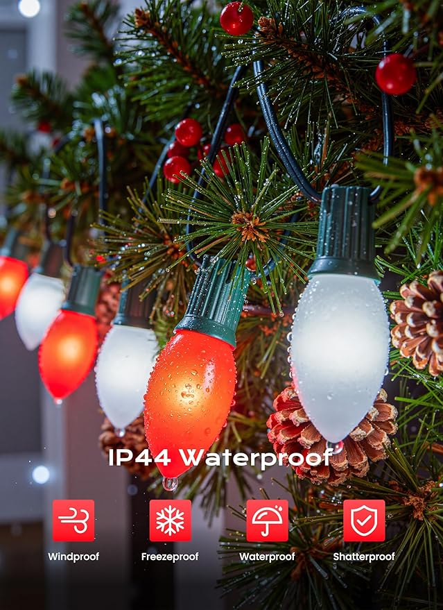 C9 LED Christmas Lights Outdoor, 50 FT 50 Red and Pure White Connectable C9 String Lights for Christmas Tree Patio Roofline Garden Backyard Holiday Party Indoor Outdoor Decoration, Green Wire