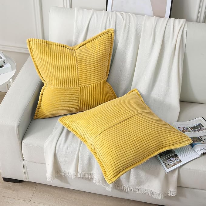 HAUSSY Mustard Yellow Large Decorative Throw Pillow Covers 26x26 Inch Set of 2,Soft Solid Corduroy Striped Cushion Case,Square Euro Pillow Shams,Winter Home Decorations for Couch,Bed