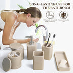 Bathroom Accessories Set, 6 Piece Bathroom Set with Toothbrush Holders, Soap Dispenser, Vanity Tray, Tumbler, Cotton Swab Jars, Bathroom Organizer，Bathroom Sink Sets, Stone Beige