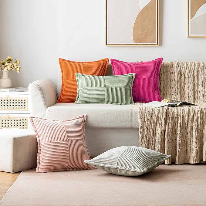 MIULEE Decorative Throw Pillow Covers for Couch Bed Livingroom 18x18 Inch Set of 2 Hot Pink Boho Accent Throw Pllows Broadside Striped Patchwork Soft Corduroy Pillowcases