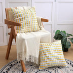 Boho Decorative Throw Pillow Covers 18x18 Inch, Chenille Tufted Pillow Cover Striped Textured Square Farmhouse Accent Pillowcase for Couch Sofa Bedroom Living Room, Yellow White Stripe 2 Pack