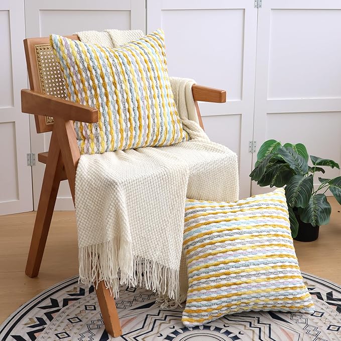 Boho Decorative Throw Pillow Covers 18x18 Inch, Chenille Tufted Pillow Cover Striped Textured Square Farmhouse Accent Pillowcase for Couch Sofa Bedroom Living Room, Yellow White Stripe 2 Pack