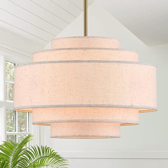 Modern 19.7" Drum Chandelier 4-Lights Vintage Modern Chandelier Light Fixture with Linen Shade Retro Farmhouse Drum Chandeliers for Dining Room, Kitchen Island, Living Room, Bedroom