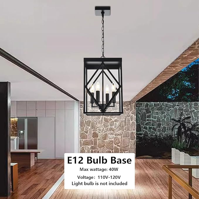 4-Light Outdoor Pendant Light Fixtures Large 15.7'' Black Outdoor Chandelier Metal Cage Exterior Hanging Porch Light w/Glass Shade, Outdoor Pendant Lantern Lamp for Front Porch Balcony Foyer