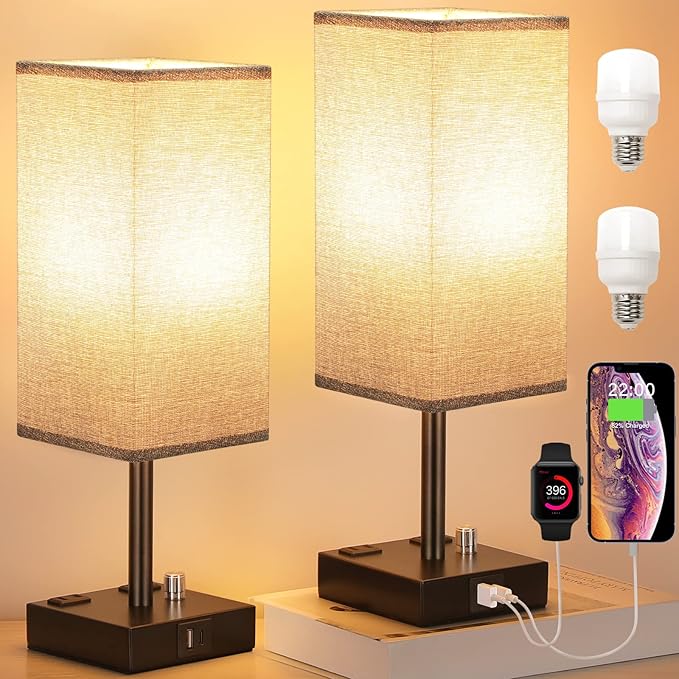 Gray Fully Dimmable Nightstand Lamps Set of 2 - Table Bedside Lamp with USB C+A Charging Ports & 2 AC Outlets, Square Lamp Sets Linen Fabric Shade for Bedroom Living Room(Bulb Included)