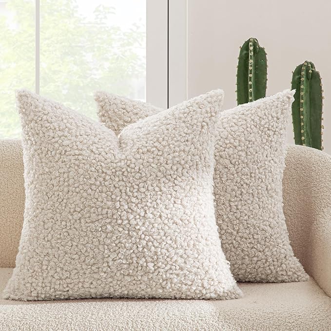 MIULEE Pack of 2 Faux Fur Throw Pillow Covers 18x18 Inch Neutral Light Beige Boucle Decorative Sherpa Pillow Covers Fuzzy Accent Soft Sheepskin Fleece for Boho Home Decor Couch Living Room Bed