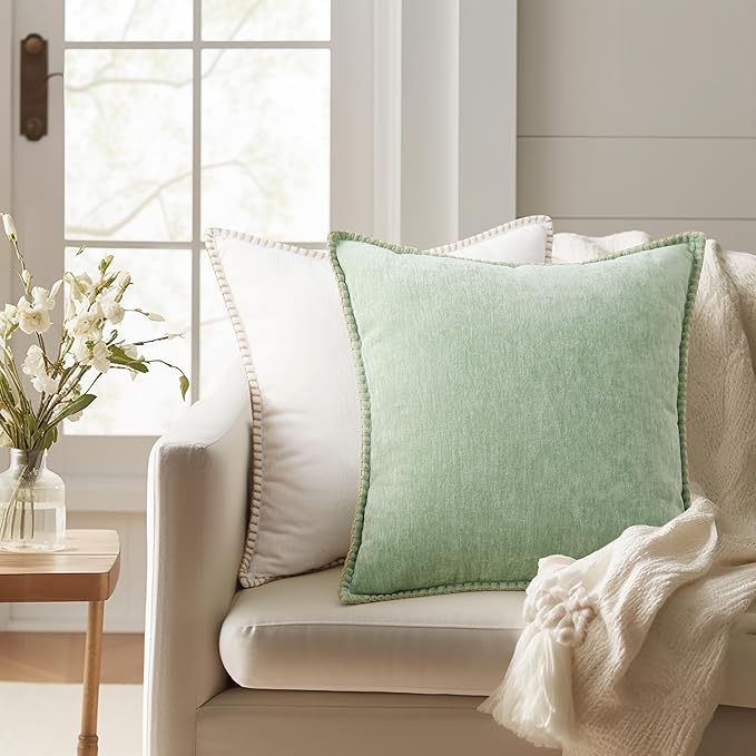 decorUhome Christmas Chenille Soft Throw Pillow Covers 12x20 Set of 2, Lumbar Velvet Farmhouse Neutral Decorative Euro Pillow Covers with Stitched Edge for Couch Sofa Bed Home Decor, Sage Green