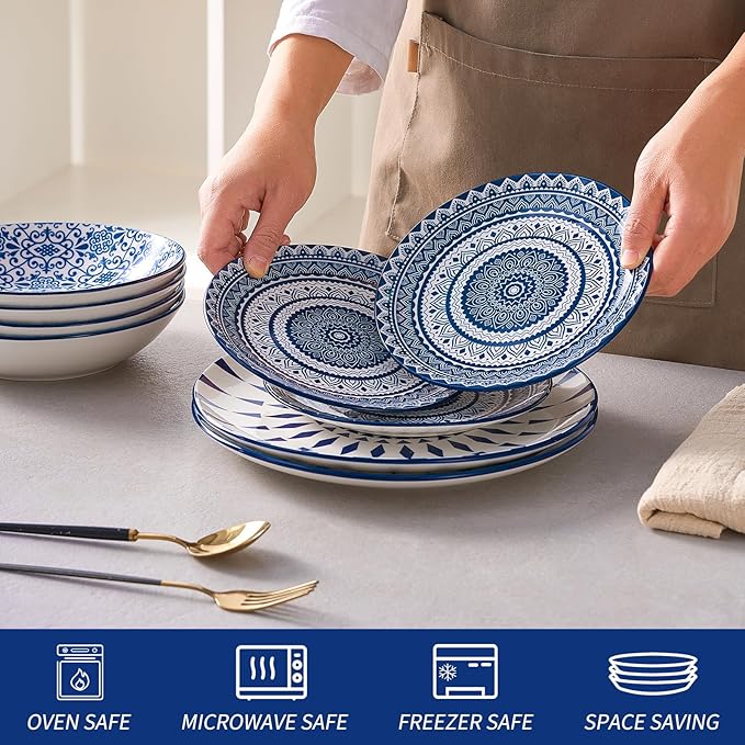 Bestone Porcelain Dinnerware Sets Service for 4, 12 pcs Hand drawn Plates and Bowls Sets, Handmade Ceramic Dish Set, Chip Resistant Modern Plate Set, Dishwasher/Microwave Safe，Vintage Blue