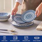 Bestone Porcelain Dinnerware Sets Service for 4, 12 pcs Hand drawn Plates and Bowls Sets, Handmade Ceramic Dish Set, Chip Resistant Modern Plate Set, Dishwasher/Microwave Safe，Vintage Blue