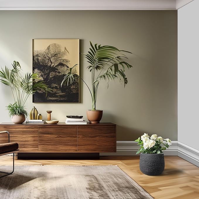 Kante 12.5" Dia Round Fluted Planter with Surface Indentations, Large Flower Pot with Drainage Hole for Indoor & Outdoor Plants, Black Finish with Warm Brown Interior