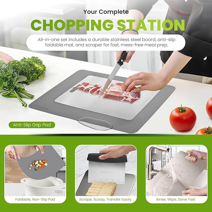 Titanium Cutting Board with Anti-Slip Silicone Pad & Multipurpose Scraper, Food Grade Rustproof Stainless Steel Cutting Board Kitchen Set, Space Saving Design, Non-Skid Bottom (11.4" x 7.8")