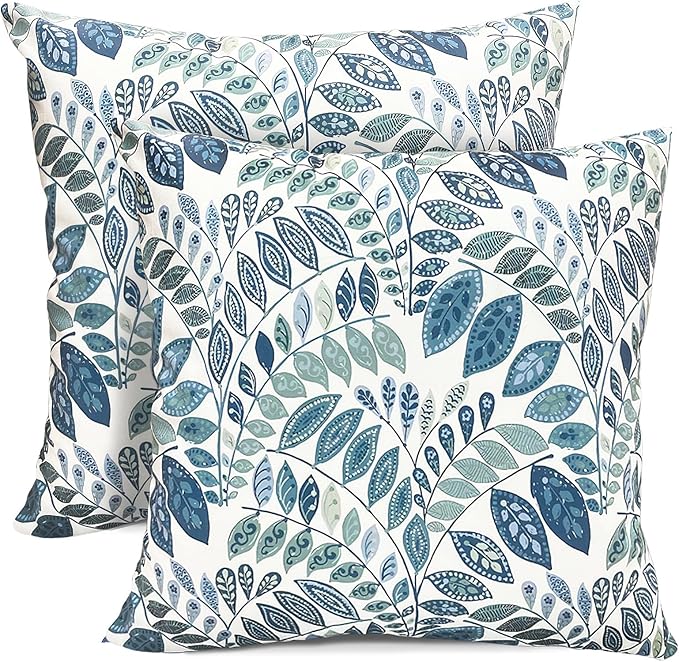 Decorative Throw Pillow Covers Set of 2 Blue Green Small Leaves Pillow Covers 20x20 inch Soft Short Plush Square Floral Throw Pillows,Farmhouse Outdoor Pillow Covers for Couch Living Room