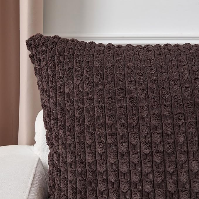 Kevin Textile Decorative Pillow Covers Set of 2 Striped Plush Corduroy Pillows Pillowcases Boho Home Decor Cushion Covers for Couch Sofa Bed Living Room 20x20 Inch, Coffee