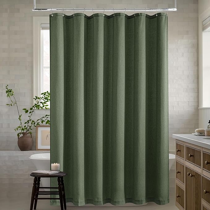 66 Inch Dark Olive Green Shower Curtain Boho Luxury Aesthetic Decorative Linen Curtains for Hotel Bathroom Water Repellent Fabric Drapes with Hooks Sets 72x66 Inches Long Shabby Chic Shower Curtain