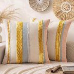 ANRODUO Pack of 2 Boho Decorative Throw Pillow Covers 18x18 Farmhouse Cushion Case Striped Chenille Pillow Cases Square Pillow Covers Accent Neutral Pillowcase for Sofa Couch Bed Fall, Yellow Stripe