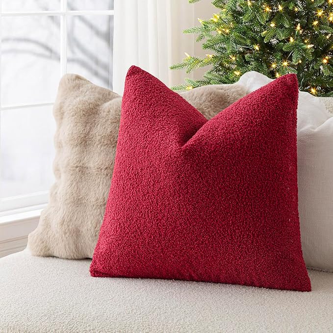 Foindtower Pack of 2, Curly Faux Fur Decorative Throw Pillow Covers Soft Neutral Plush Cushion Case Cozy Fluffy Furry Pillowcase for Home Living Room Couch Bedroom Bed Sofa 18x18 Inch Burgundy Red
