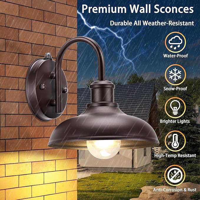 2-Pack Dusk to Dawn Gooseneck Outdoor Light Fixtures, Farmhouse Barn Lights for Porch, Industrial Brown Exterior Wall Sconce for Garage, Patio, E26 Base Anti-Rust for Garage Frontdoor Entryway Doorway