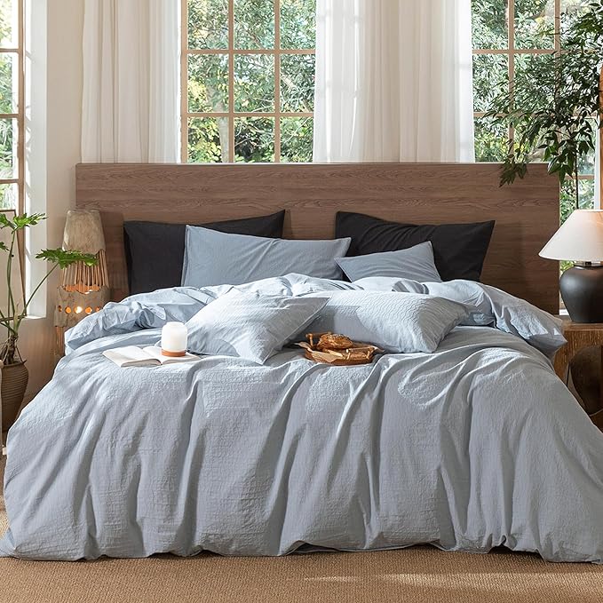 MooMee Wavy Striped Duvet Cover Set 100% Washed Cotton Linen Like Textured Breathable Durable Soft Comfy (Cornflower Blue, Palatial King/Oversized King 120"x98")