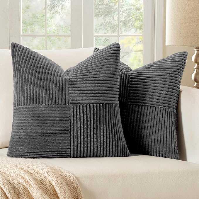 MIULEE Grey Corduroy Pillow Covers Pack of 2 Boho Decorative Spliced Throw Pillow Covers Soft Solid Couch Pillowcases Cross Patchwork Textured Cushion Covers for Living Room Bed Sofa 16x16 inch