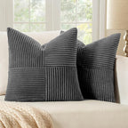 MIULEE Grey Corduroy Pillow Covers Pack of 2 Boho Decorative Spliced Throw Pillow Covers Soft Solid Couch Pillowcases Cross Patchwork Textured Cushion Covers for Living Room Bed Sofa 20x20 inch