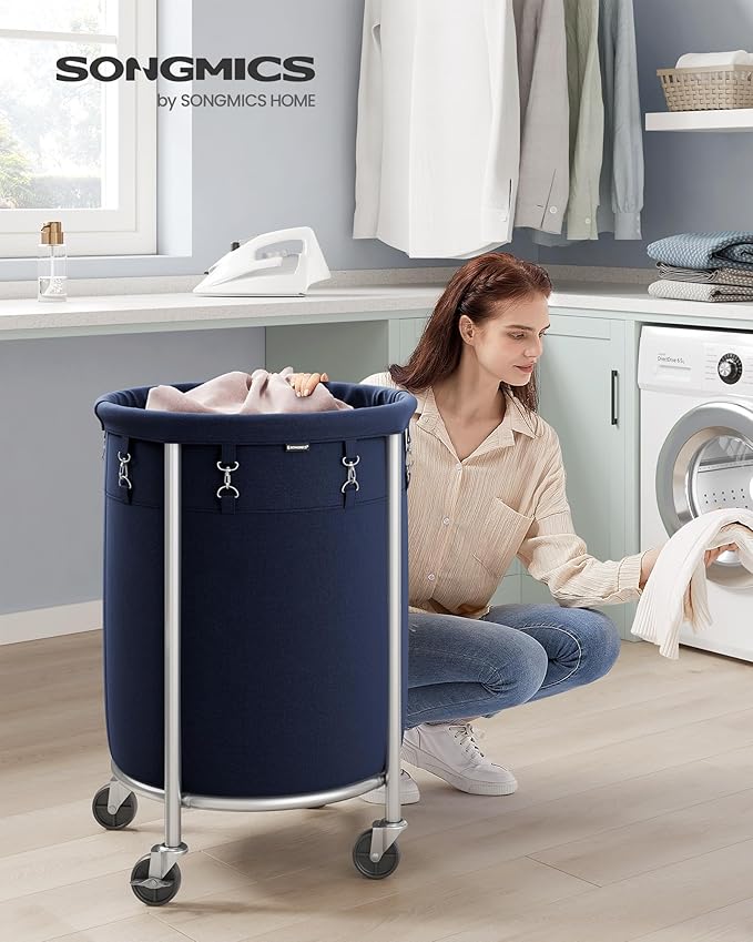 SONGMICS 29-Gallon (110 L) Laundry Basket with Wheels, Rolling Round Heavy-Duty Laundry Hamper Cart with Steel Frame and Removable Bag, 2 Locking Wheels, Charcoal Blue and Metallic Silver URLS002Q01