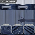 No Hook Waffle Weave Shower Curtain with Snap in Fabric Liner Set,Heavy Duty Textured Bathroom Curtain with See Through Window,Waterproof & Machine Washable,Navy Blue,Stall 54x80 Inch