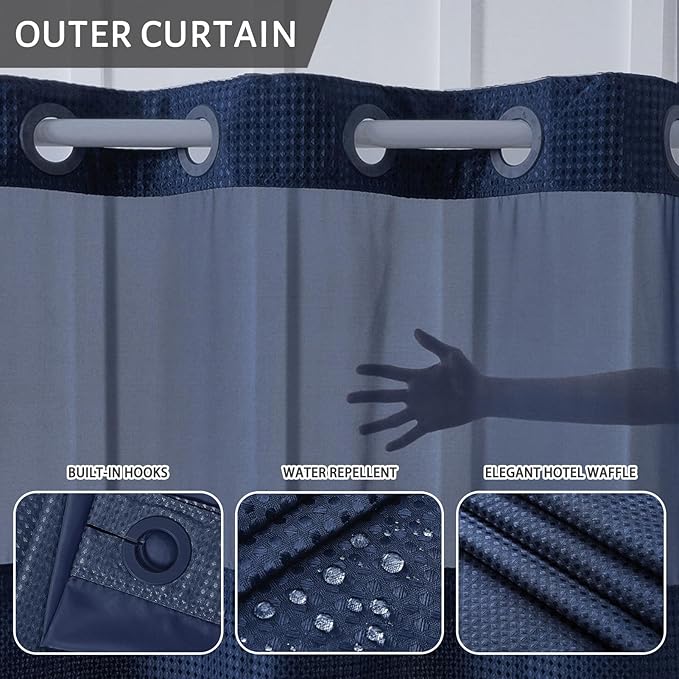 Furlinic Waffle Weave No Hook Shower Curtain with Snap in Fabric Liner Set,Heavy Duty Textured Bathroom Curtain with See Through Window,Waterproof & Machine Washable,Navy Blue,71x72 Inch