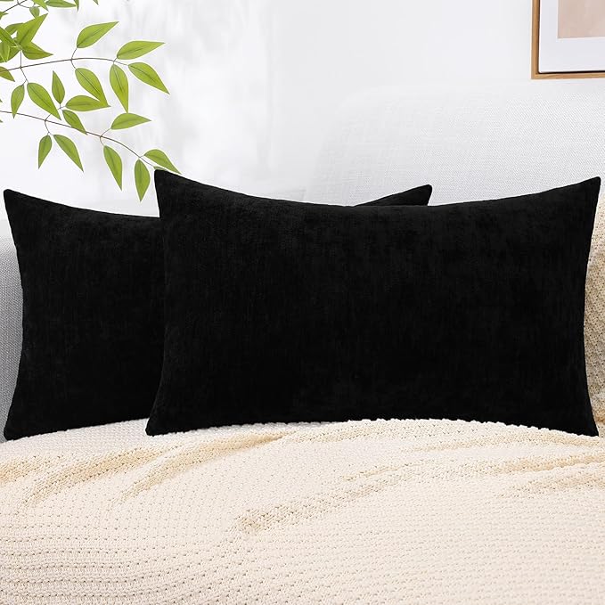 decorUhome Chenille Black Throw Pillow Covers 12x20 Inch Set of 2, Decorative Soft Couch Pillow Covers Solid Dyed Accent Velvet Farmhouse Neutral Rectangle Pillow Cases for Sofa Bed Living Room