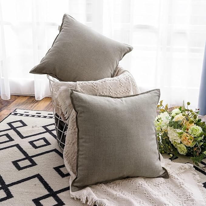 Jeanerlor 24" x 24" Natural Cotton Linen Soft Soild Decorative Square Throw Pillow Covers Green Set Cushion Case for Sofa Bedroom Car 60 x 60cm, Gray